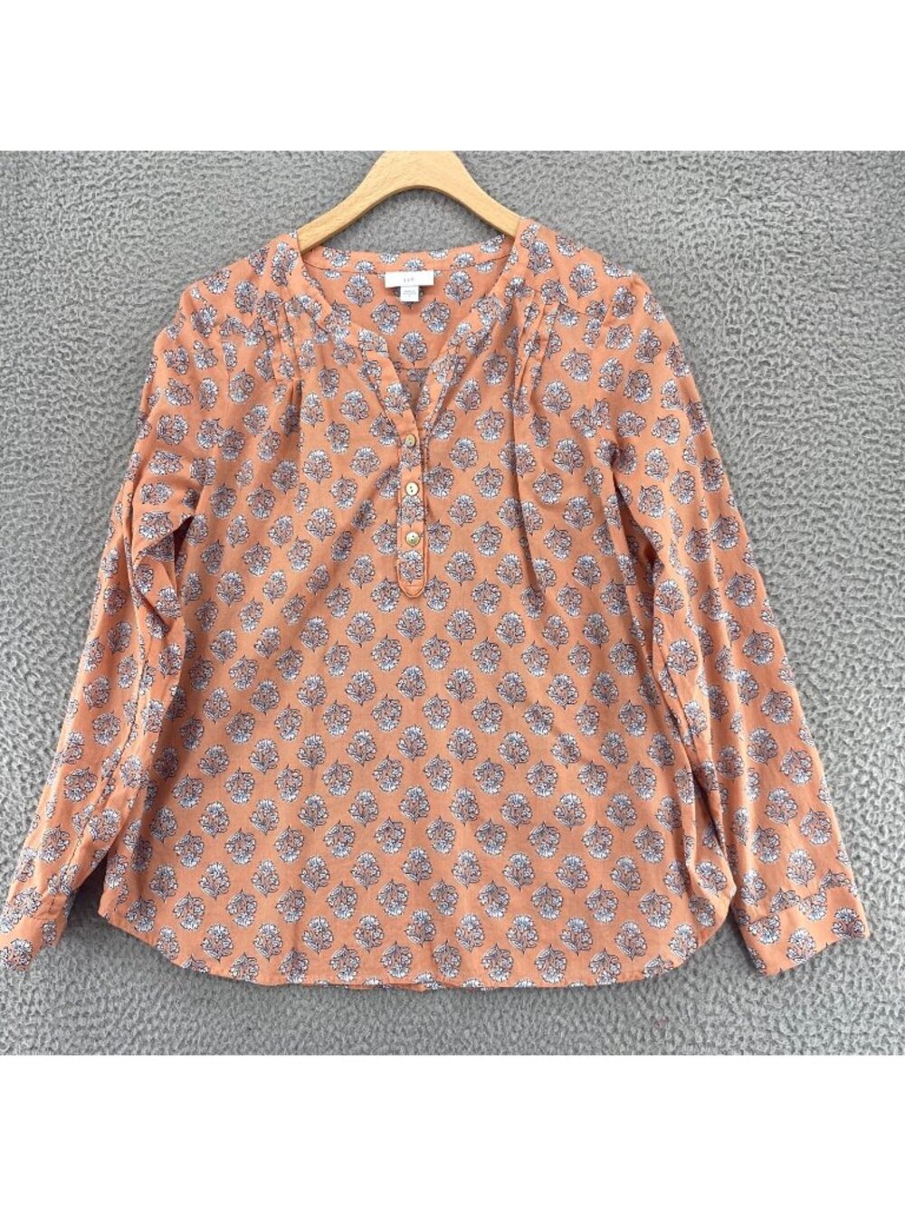 J Jill Top Womens Small Pink Floral Cotton Knife Pleats Split V Neck Long Sleeve